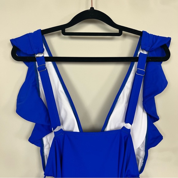 ONE PIECE SWIMSUIT PLUNGE V RUFFLE NECKLINE WITH BELT COBALT BLUE SIZE XL - Picture 8 of 15